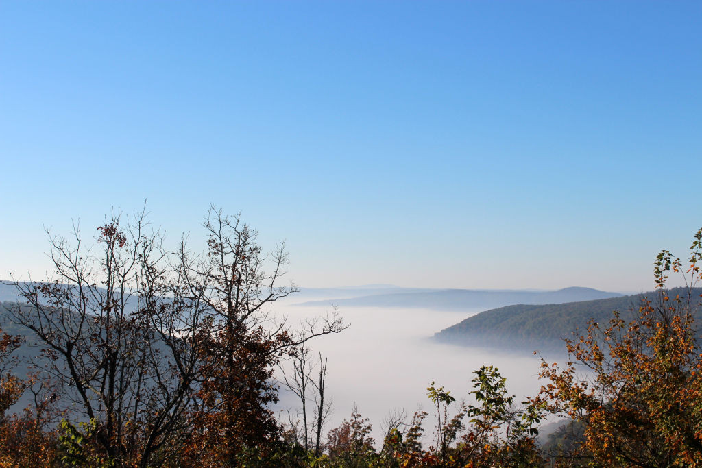 A foggy fall morning on Highway AR 16