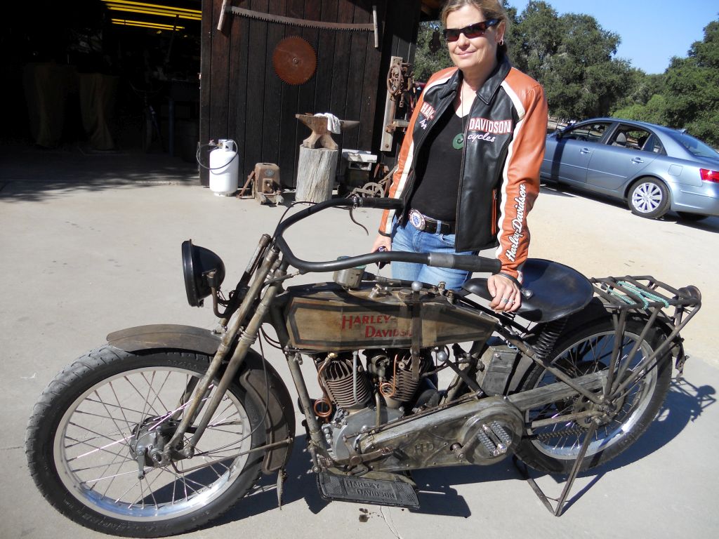 Cristine on her 1915 Harley-Davidson Effie, which I rode 3,000 miles on the 2010 Cannonball