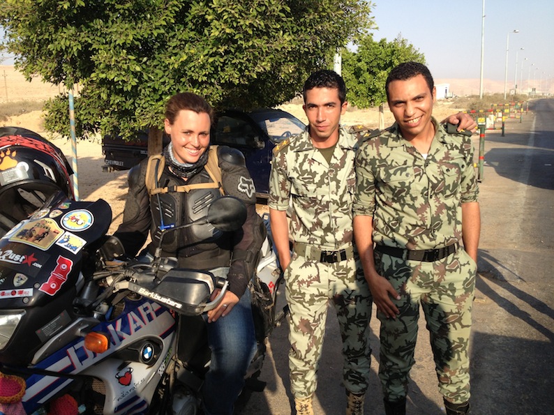 Women Who Ride: Jolandie Rust at a military checkpoint in Egypt