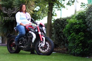 British Motorcyclist Sherrie Woolf on her MV Agusta